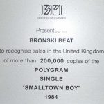 BPI Sales Award Bronski Beat Smalltown Boy
